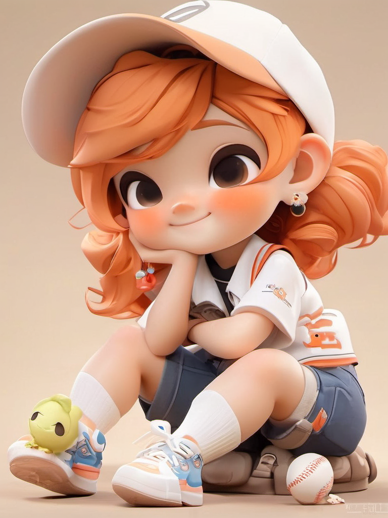 Pixar style,MG_ip,1girl,hat,solo,jewelry,sitting,baseball cap,earrings,shoes,shorts,orange hair,long hair,smile,shirt,sneakers,white footwear,chibi,blush,socks,white shirt,bottle,looking at viewer,short sleeves,white socks,vest,full body,closed mouth,<lora:MG_ip-000007:1>,