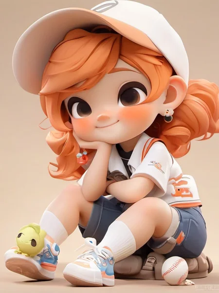Pixar style,MG_ip,1girl,hat,solo,jewelry,sitting,baseball cap,earrings,shoes,shorts,orange hair,long hair,smile,shirt,sneakers,white footwear,chibi,blush,socks,white shirt,bottle,looking at viewer,short sleeves,white socks,vest,full body,closed mouth,<lora:MG_ip-000007:1>,