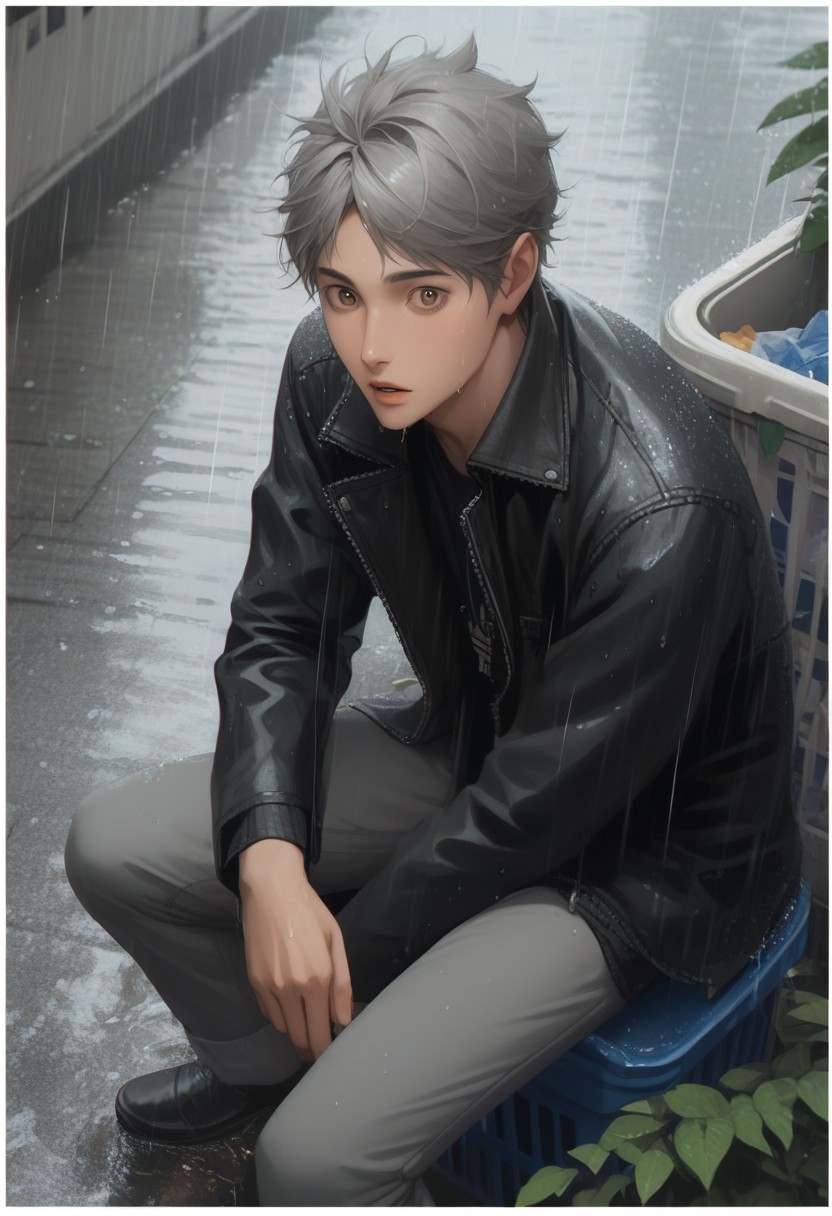 score_9, score_8_up, score_7_up, source_anime, rating_safe, white border, raining, wet, water, Kosaikyu, grey hair, 1boy, male focus, jacket, grey pants, parted lips, wide eyed, blurry outdoor street, plant, trash can, roadside, gloomy, realistic lighting, sitting, puddle, from above, looking at viewer, hands with five fingers, cropped legs, realistic lighting,