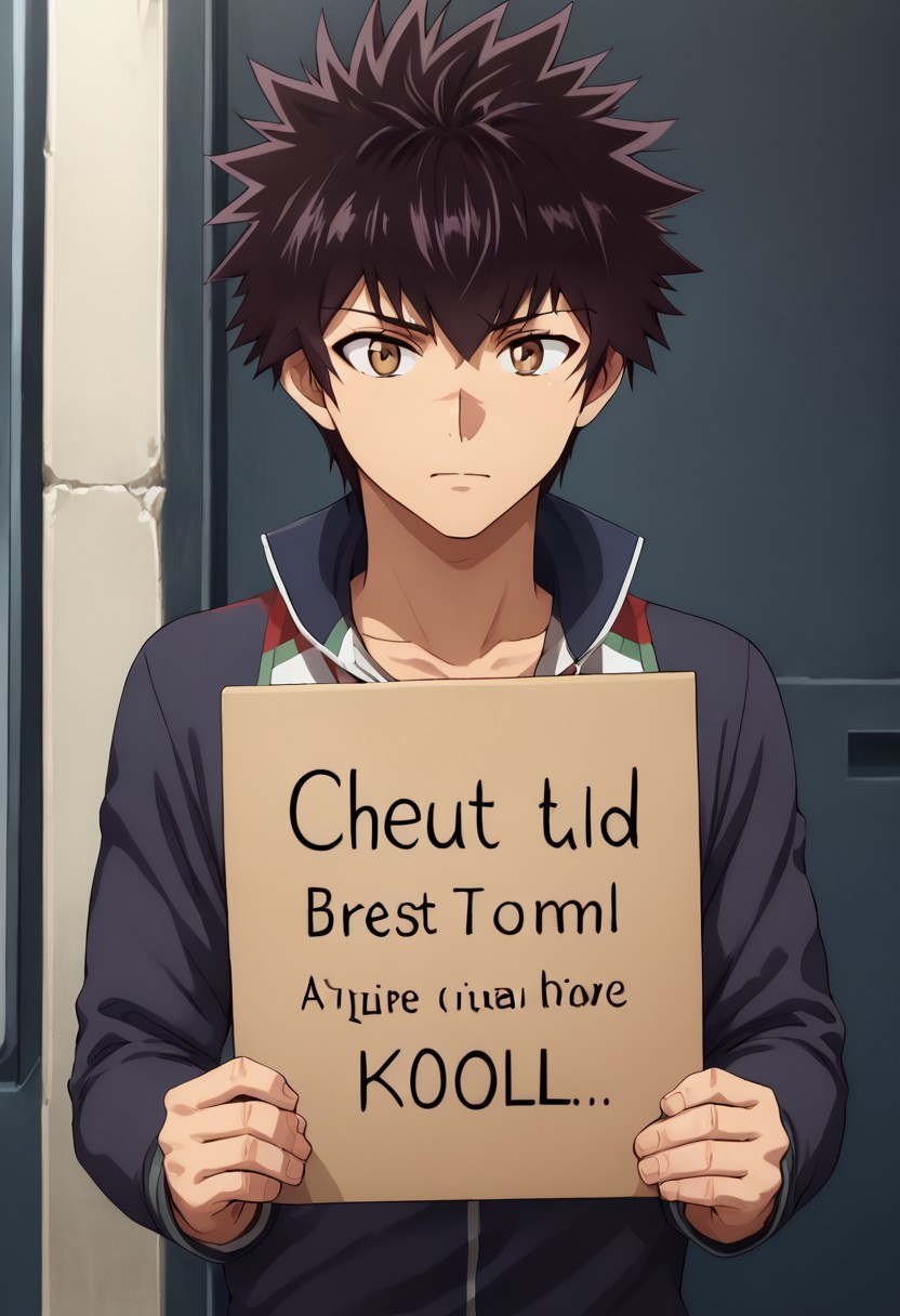 high resolution, solo, best quality, 1Boy, Kanata Hoshijima, Black hair, Brown Eyes, Holding a sign, message visible, engaging, direct,