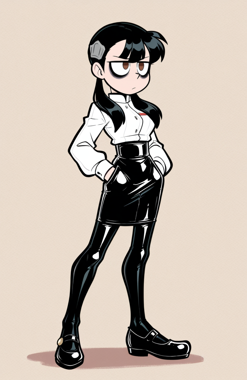 1girl, solo, latex, hospitality uniform, long sleeve blouse, high waist skirt, pantyhose, mary janes, bow, standing, hands in pockets, even stance, flat expression, balanced pose,
 <lora:qqLettuce:0.8> qqlttc, <lora:AsheiIL:0.5> AshDef, black hair, twintails, hair over shoulder, brown eyes, bags under eyes, hair ornament , extremely detailed, highres, masterpiece, best quality