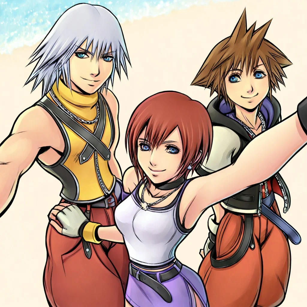 very awa, masterpiece, best quality,BREAK (sora-kh1:1.1),boy,red suit,black and white hoodie,BREAK, riku_kh1,light riku_kh1,purple pante,boy,BREAK (kairi_kh1:0.9),red hair, short hair, blue eyes, choker, necklace, tank top, belt, skirt, cute,BREAK, 2boy, 1girls,3 people, selfie,beach background,ntsy,<lora:krekkov_style_ilxl_goofy:1> krekkov style