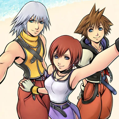 very awa, masterpiece, best quality,BREAK (sora-kh1:1.1),boy,red suit,black and white hoodie,BREAK, riku_kh1,light riku_kh1,purple pante,boy,BREAK (kairi_kh1:0.9),red hair, short hair, blue eyes, choker, necklace, tank top, belt, skirt, cute,BREAK, 2boy, 1girls,3 people, selfie,beach background,ntsy,<lora:krekkov_style_ilxl_goofy:1> krekkov style