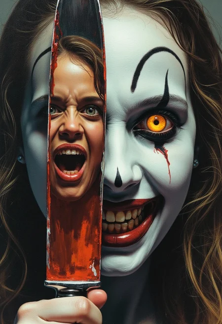 frank frazetta fantasy  oil painting of closeup on face and mouth of A terrifying creepy 21 year old female clown character with white face paint and extremely pale skin, exaggerated black lines for eyebrows and eyes, demonic glowing yellow eyes, and a sinister wide smile with dark, decayed teeth. Holding up a sharp bloody knife straight up in front of her left eye, the reflection in the knife shows the reflection of a terrified young woman screaming and crying