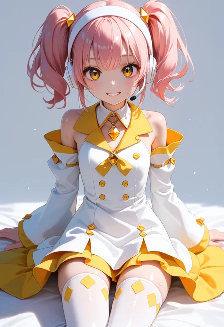 score_9, score_8_up, score_7_up, score_6_up, anime_lineart
1girl, solo,
<lora:amulet_dia:1> amulet_dia, lock button, twintails, medium hair, pink hair, yellow eyes, hairband, thighhighs, yellow and white dress, headset, white hairband, long sleeves, diamond (shape), white dress, detached sleeves, double yellow diamond (shape) jewel on hairband
sweat, shiny skin, smile, sitting,