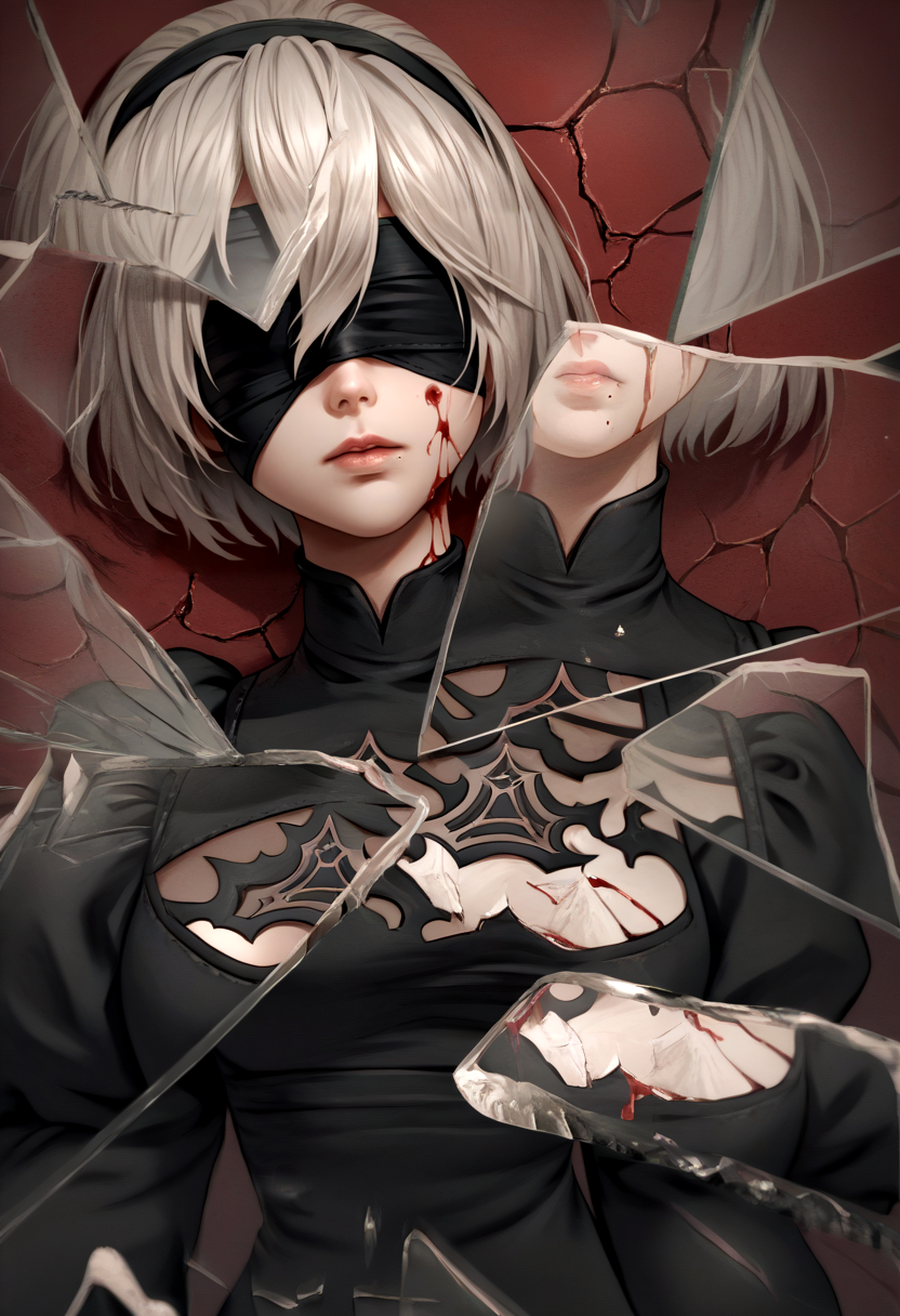 score_9, score_8_up, score_7_up, source_anime, 1girl, IncrsXLBrknGls, broken glass, reflection, upper body, <lora:BreakingGlassXLPDCAME:1>, 2b \(nier:automata\), blindfold, black dress, blood from eyes,