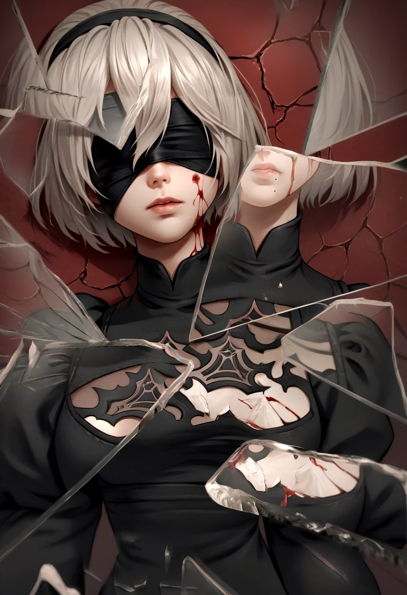 score_9, score_8_up, score_7_up, source_anime, 1girl, IncrsXLBrknGls, broken glass, reflection, upper body, <lora:BreakingGlassXLPDCAME:1>, 2b \(nier:automata\), blindfold, black dress, blood from eyes,