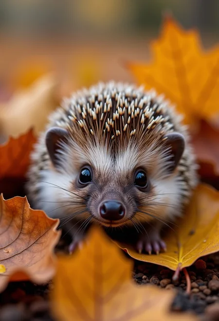A little hedgehog hiding in a pile of autumn leaves, with his spiky back and a cute snout