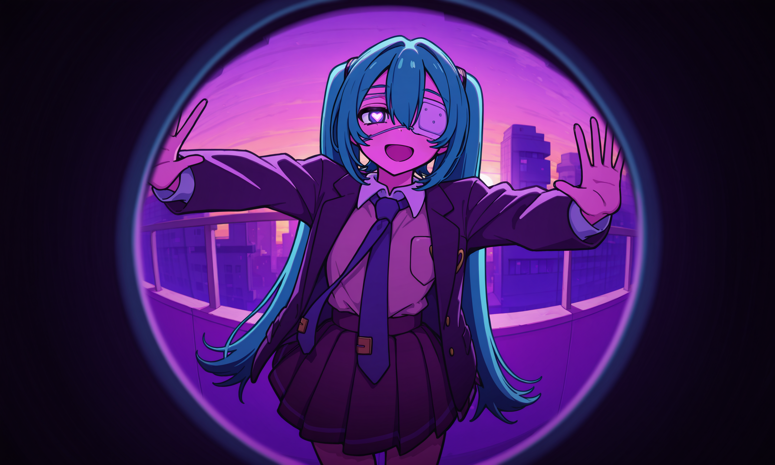 1girl, hatsune miku, hmmonitoring, peephole, very long hair, twintails, bangs, hair between eyes, medical eyepatch, school uniform, collared shirt, necktie, jacket, open jacket, long sleeves, pleated skirt,
outstretched arms, pocket, one eye covered, shirt tucked in, spread arms, breast pocket, purple necktie, medical eyepatch, glitch, cowboy shot, :d, glowing eyes, half-closed eyes, palms, heart-shaped pupils, 
outdoors, building, purple theme, abstract background, sunset, cityscape, 
rating safe, alice99narumi, 
masterpiece, best quality, amazing quality, highres, newest,  <lora:alice99narumi:1.0> <lora:mikumonitoring_dyn095_rank16:1.0>