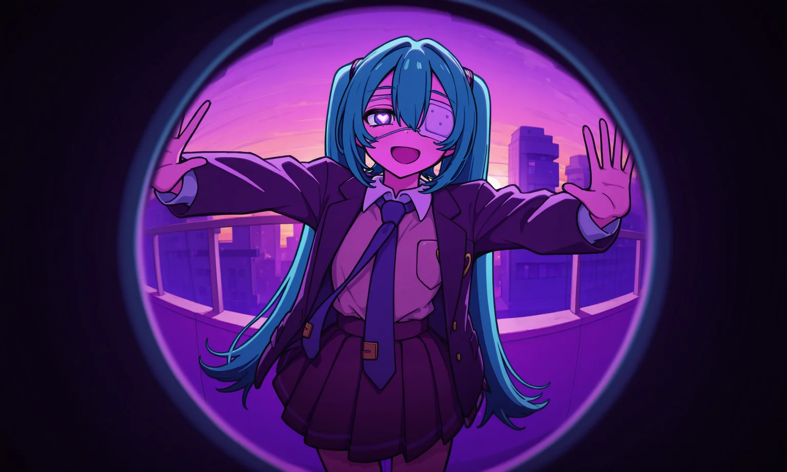 1girl, hatsune miku, hmmonitoring, peephole, very long hair, twintails, bangs, hair between eyes, medical eyepatch, school uniform, collared shirt, necktie, jacket, open jacket, long sleeves, pleated skirt,
outstretched arms, pocket, one eye covered, shirt tucked in, spread arms, breast pocket, purple necktie, medical eyepatch, glitch, cowboy shot, :d, glowing eyes, half-closed eyes, palms, heart-shaped pupils, 
outdoors, building, purple theme, abstract background, sunset, cityscape, 
rating safe, alice99narumi, 
masterpiece, best quality, amazing quality, highres, newest,  <lora:alice99narumi:1.0> <lora:mikumonitoring_dyn095_rank16:1.0>