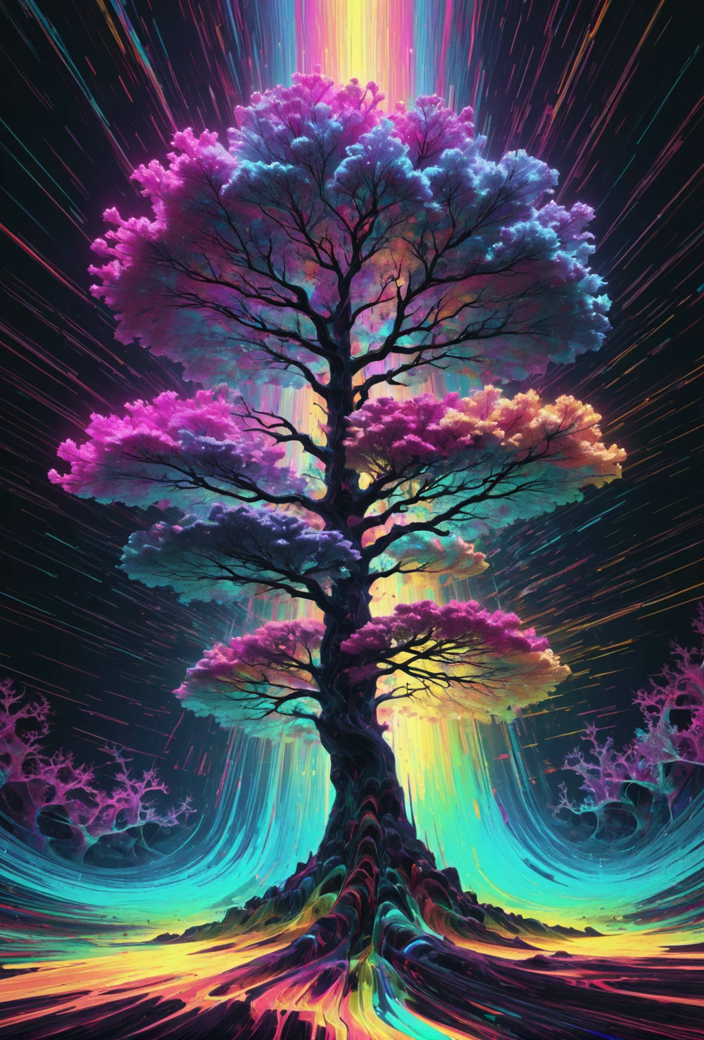 (abstract:1.4), (sureal), (style of siudmak:valleho), random signals and noise, radioactive, vhs glitches, void entity, quantum superposition, fractal tree, colliding particles, full visual spectrum, masterpiece, glitter, subsurface scattering, chromatic aberration