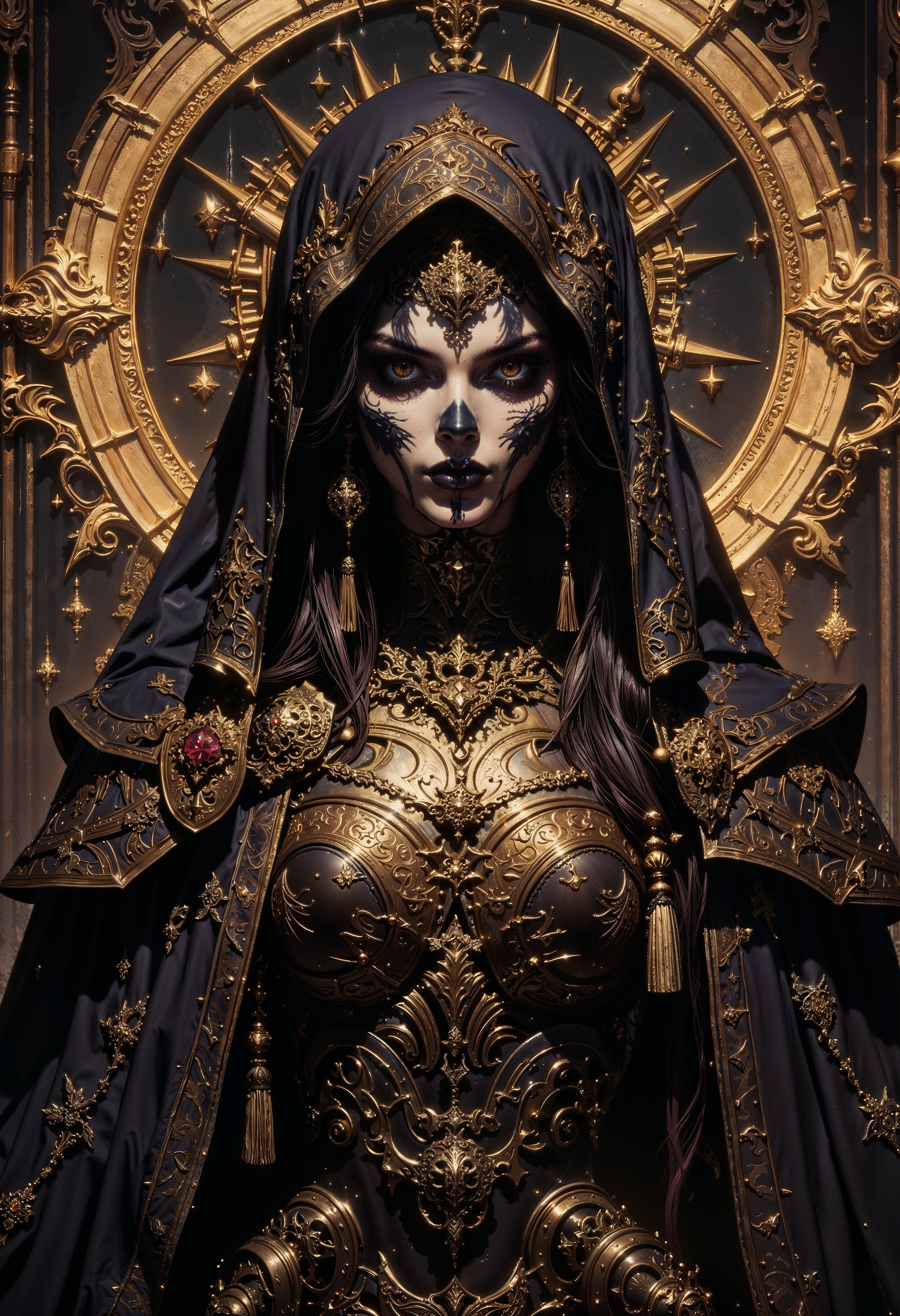 hyperrealism, elven girl, a stunning photo of a gorgeous necromancer female Aerenal Elf, gold and black robes, face warpaint, skull face paint, gorgeous, 8k HD, detailed skin texture, ultra realistic, textured skin,. (maximum ultra high definition image quality and rendering:3), maximum image detail, maximum realistic render, (((ultra realist style))), realist side lighting, , 8K high definition, realist soft lighting, (amazing special effect:3.5)  <lora:FluxMythG0thicL1nes:0.6> <lora:RetroAnimeFluxV1:0.6> <lora:FredFraiStyle-FLUX-Share:0.6>  <lora:dark_fantasy_flux:0.6>