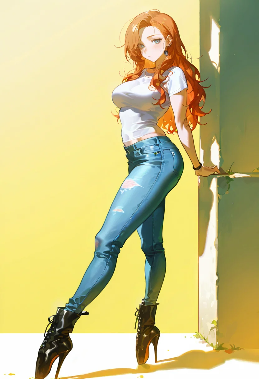 ballet heels, high heels, ankle boots,1girl,solo,curvy,long hair,orange hair, konya_karasue,jeans,t-shirt,