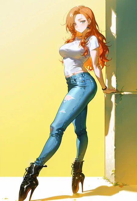 ballet heels, high heels, ankle boots,1girl,solo,curvy,long hair,orange hair, konya_karasue,jeans,t-shirt,