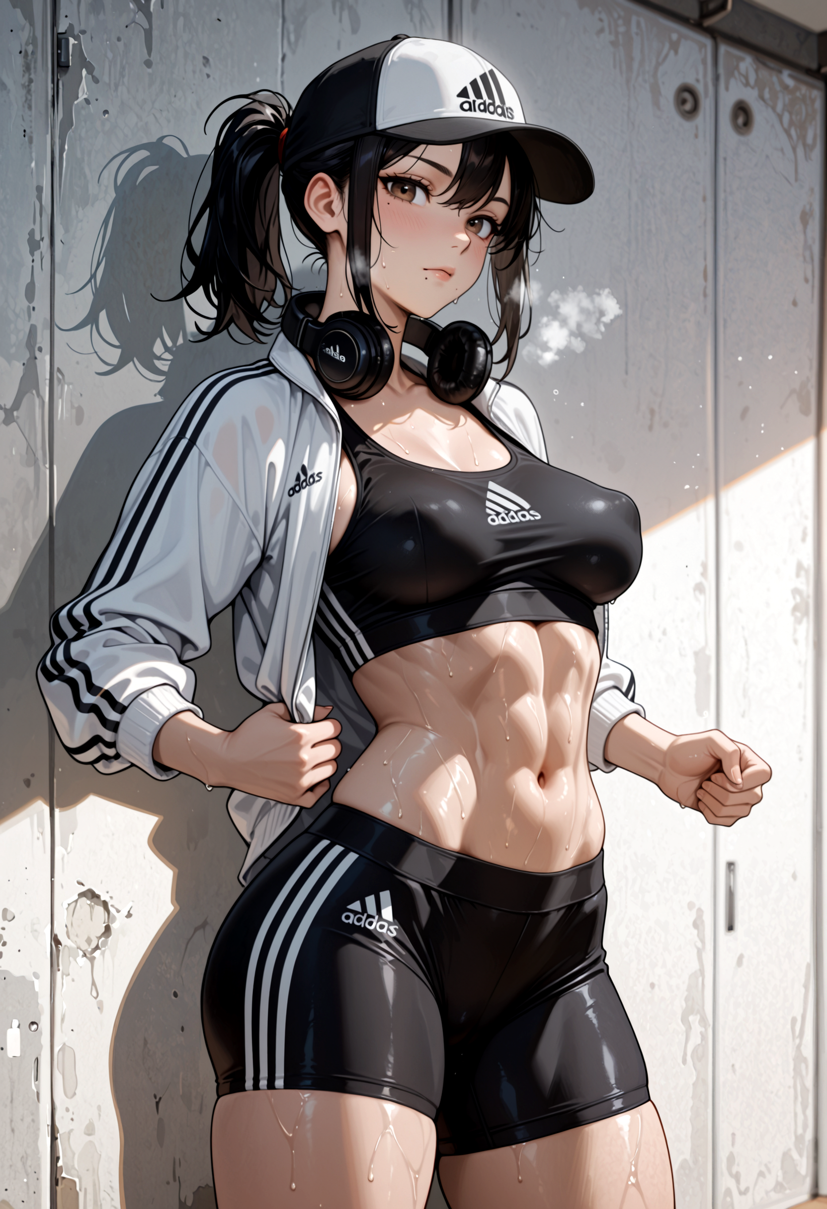 1girl, hazel eyes, mole under mouth, toned, medium hair, ponytail, perky breasts, black sports bra, white track jacket, adidas, bike shorts, white baseball cap, headphones around neck, dynamic pose, looking at viewer, sweat, HDR, sunlight, shadow, low contrast, embedding:IllusP0s,
