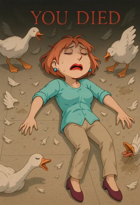 embedding:IllusP0s, you died, defeat, lying, goose ambush, 6+ geese, lois, dot pupils, 1girl, blue earrings, jewelry, short hair, solo, lipstick, orange hair, aqua shirt, beige pants, breasts, sleeves rolled up, pumps, dual eyes closed, scared, 1girl, solo,
