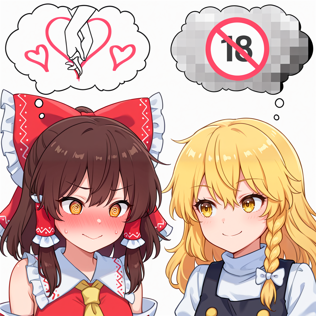 masterpiece, best quality, amazing quality, another_ship_dynamic_i_enjoy_(meme), blush, smile, simple background, 2girls, heart, censored, mosaic censoring, thought bubble, @_@, hakurei reimu, kirisame marisa,  <lora:another_ship_dynamic_i_enjoy_meme-000008:1>