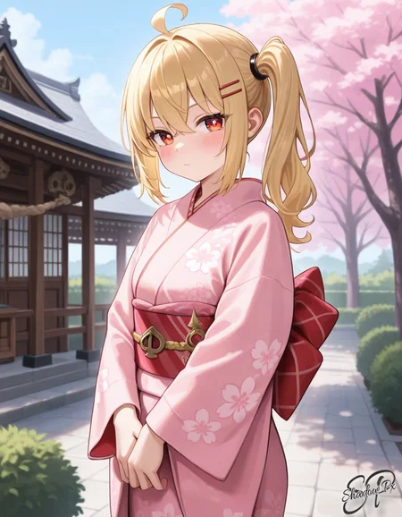 luc14n4ZzZ, masterpiece, best quality, amazing quality, very aesthetic, newest, scenery, 1girl, solo, looking at viewer, blush, long sleeves, closed mouth, standing, flower, outdoors, sky, japanese clothes, day, hairclip, wide sleeves, kimono, tree, sash, obi, own hands together, cherry blossoms, v arms, yukata, bush, pink kimono, architecture, east asian architecture, obijime, shrine, furisode, obiage