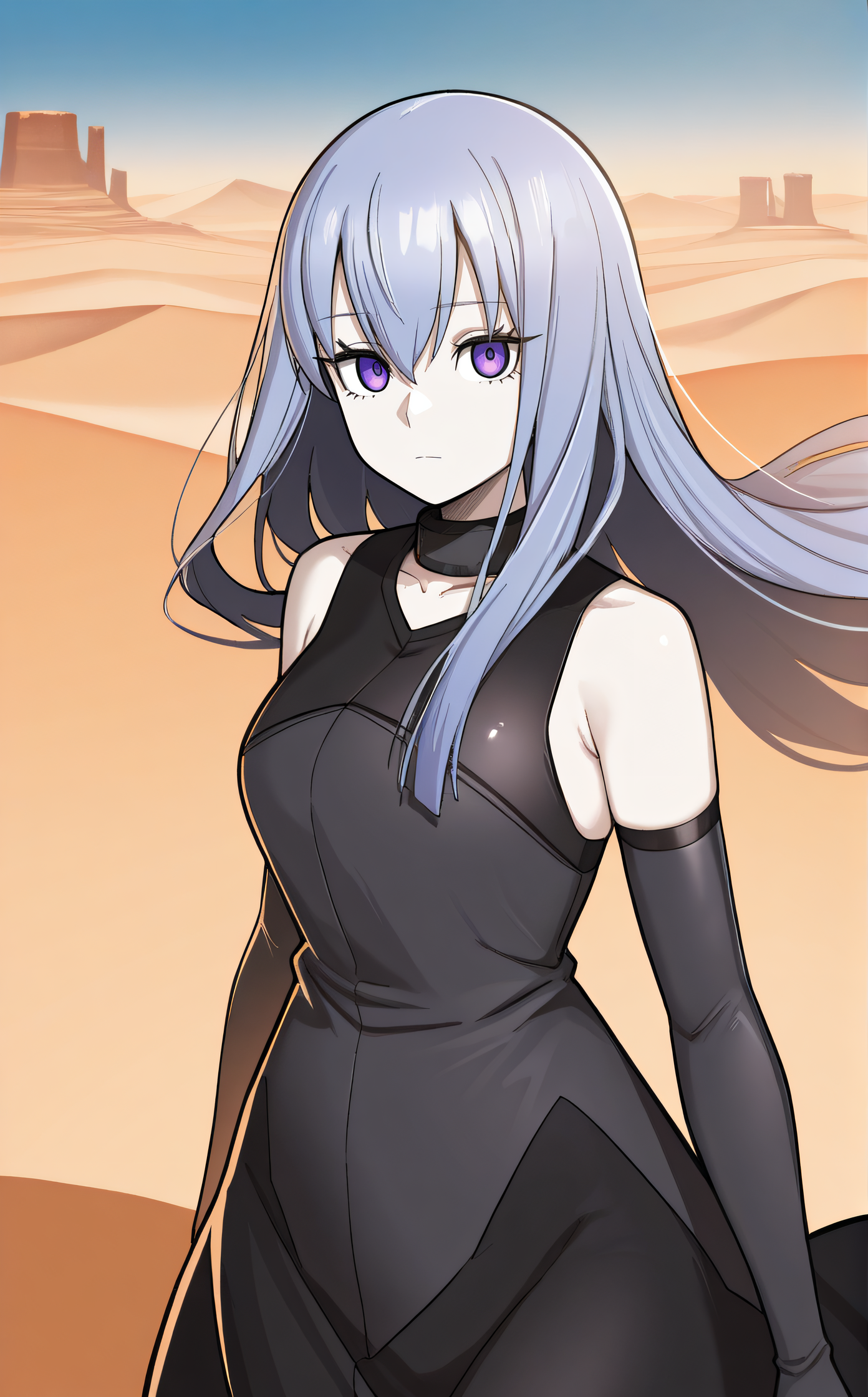 masterpiece, best quality, highres, newest, scenary, 1girl, solo, official style, <lora:Close:1>, liberatorclose, black sleeveless dress, black elbow gloves, expressionless, looking at viewer, desert background, cowboy shot
