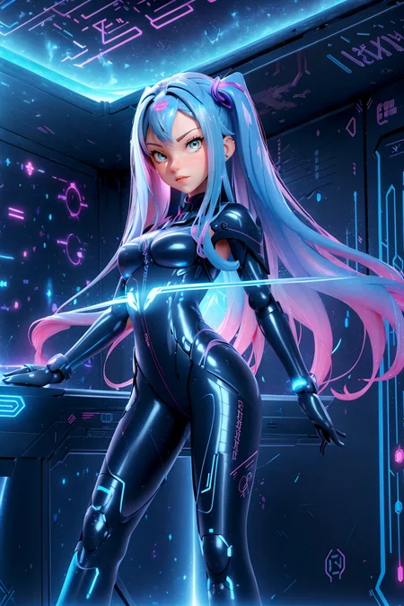 (AnjelikaV2:1.2), 
1girl, dark fantasy warrior, neon circuits infused, glowing blue lines, intricate armor, anime-inspired, tech-infused wall, high detail, 
standing, with one arm outstretched, fingers spread, commanding,
Space station interior, expansive window views of galaxies, holographic displays, sleek metallic surfaces