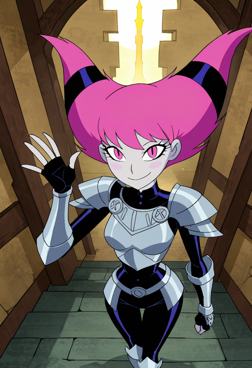 masterpiece, best quality, solo, curvy, beautiful eyes,  narrow waist, wide hips,  jnx, pink eyes, pink hair, grey skin, hair up, pale skin, medium hair, hair horns, short hair, colored skin, smile, looking at viewer,   ,       <lora:JinxTT_IXL:0.8>,   dynamic angle, foreshortening, close up, [Steel Guardian Knight], Shining silver body armor with sculpted breastplate, layered shoulder guards, gauntlets, fingerless gloves, armored boots, Standing tall at a castle gate with banners waving, sun reflecting off polished steel, prepared to defend a realm with honor.