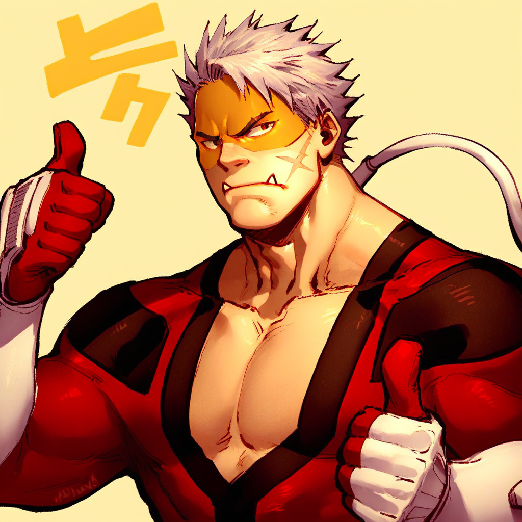 score_7_up, score_8_up, score_9, male focus, solo male, upper body, vladk, red bodysuit, tube, yellow mask, white, hair, scar on cheek, lower fangs, (thumbs up), simple background,
