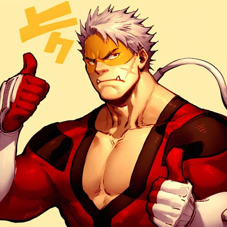 score_7_up, score_8_up, score_9, male focus, solo male, upper body, vladk, red bodysuit, tube, yellow mask, white, hair, scar on cheek, lower fangs, (thumbs up), simple background,