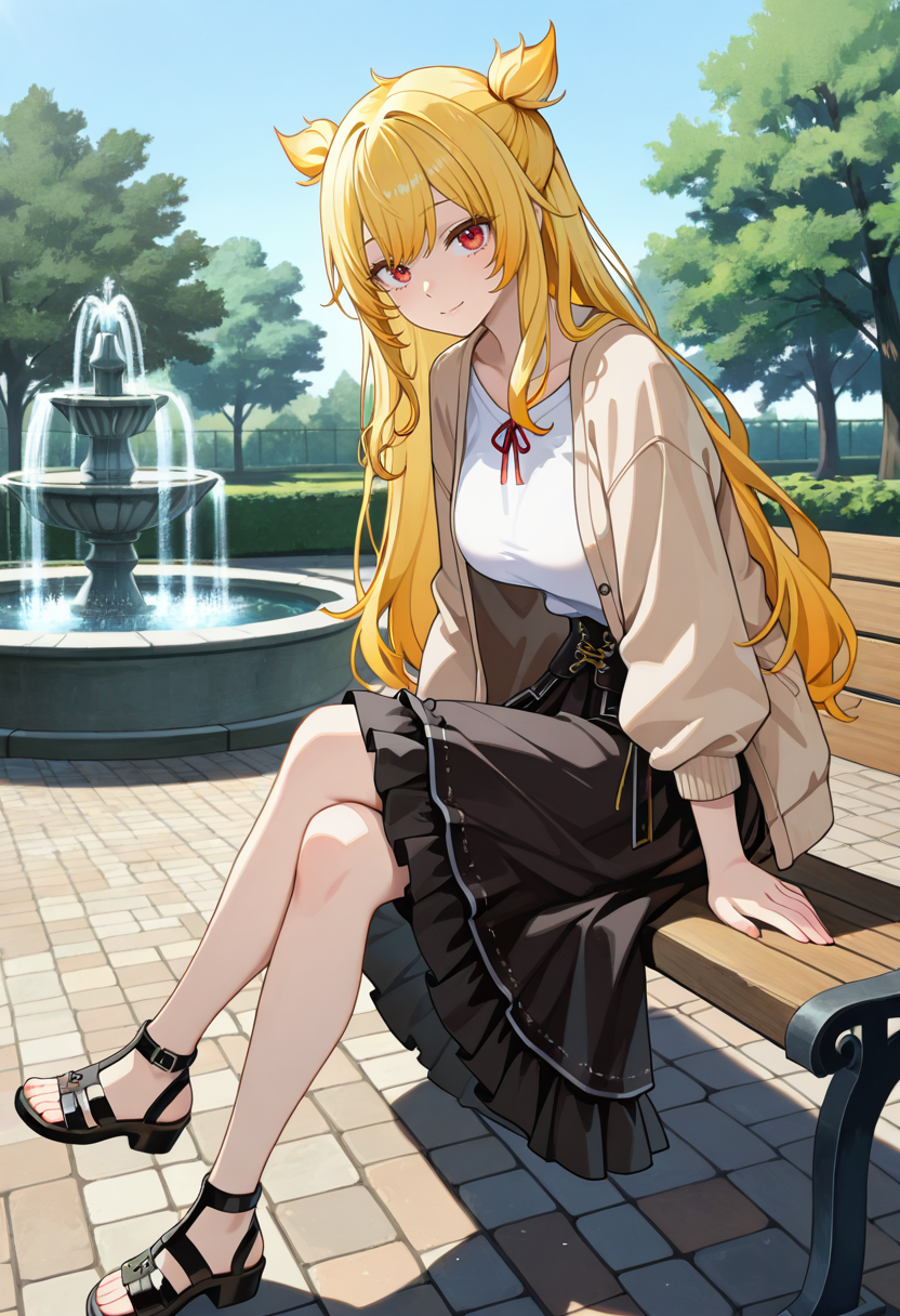 1girl, solo, anime coloring, anime artwork, masterpiece, best quality, newest, absurdres, highres, safe, CG, cinematic lighting, natural shadow, highest detail, detailed background, intricate scenery, depth of field, insane details, intricate, subsurface scattering, very aesthetic, serene atmosphere, artistic rendering, dramatic contrast, luminous elements, soft painterly texture, striking visual design, finely detailed face, beautiful face,
wide neck shirt, white shirt, layered frilly skirt, sandals, light brown jacket, open jacket,
from side, side view, looking at viewer,
sitting on bench, crossed legs, camera angle from left, subject on the right,
bright blue sky, collarbone, full body,
park, day, tree, pond, bench, cobblestone, fountain,
a (character:1.2) on the right side of the frame, empty space on the left,
<lora:kaelaIL:0.65> kaelaIL, kaelakimono, long hair, large breasts, yellow hair, red eyes,
pigtail