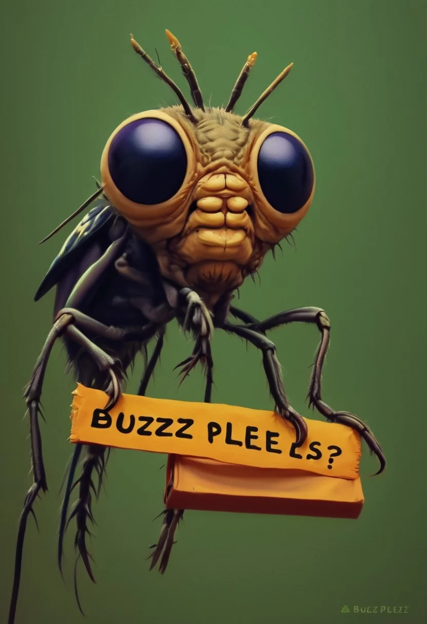 A creepy house-fly being holds a sign which reads: “Buzzz please?”
insectoid, compound eyes, mantibles
buzz