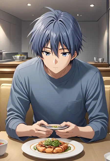 high resolution, solo, best quality, 1Boy, Tomoya Okazaki, Grey Blue Hair, dating, romantic, dinner, OverallDetail