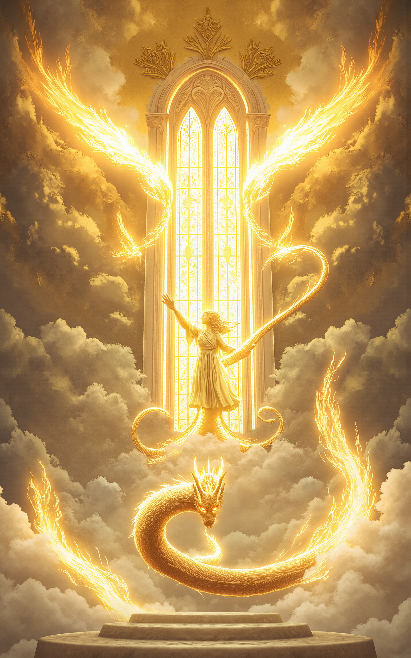 A colossal golden dragon with radiant scales and glowing white eyes stands gracefully before the Gates of Heaven,its wings wide open like stained-glass windows reflecting celestial light. The gates are pure white and gold,inscribed with divine symbols,surrounded by soft clouds and glowing halos. Heavenly style,vivid light,glowing atmosphere,high contrast with radiant golds and whites.,<lora:aidmaMJ6.1_v0.5_3:0.6>,aidmaMJ6.1,<lora:detailifier_sd3.5:1>,detailifier,<lora:klordoftherings-01:0.5>,klordoftherings,