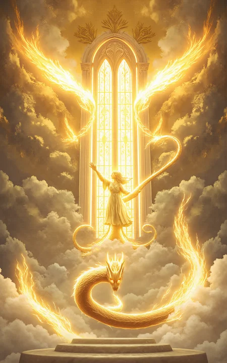 A colossal golden dragon with radiant scales and glowing white eyes stands gracefully before the Gates of Heaven,its wings wide open like stained-glass windows reflecting celestial light. The gates are pure white and gold,inscribed with divine symbols,surrounded by soft clouds and glowing halos. Heavenly style,vivid light,glowing atmosphere,high contrast with radiant golds and whites.,<lora:aidmaMJ6.1_v0.5_3:0.6>,aidmaMJ6.1,<lora:detailifier_sd3.5:1>,detailifier,<lora:klordoftherings-01:0.5>,klordoftherings,