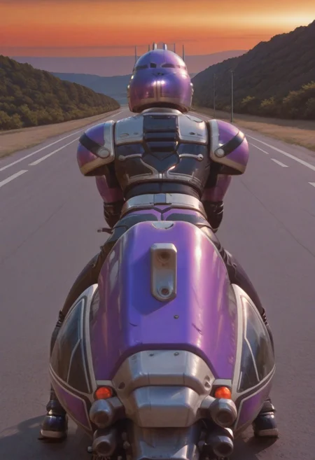 anime screencap, anime coloring,
solo, medium breasts, BREAK
Tent0u, gloves, bodysuit, helmet, armor, shoulder pad, boots, belt, Tent0 motorbike, riding, from behind, black visor,
outdoors, road, sunset, dramatic lighting
<lora:DetailedPerfect_hands_r1:1> <lora:coveredneck_v1-000006:0.8>