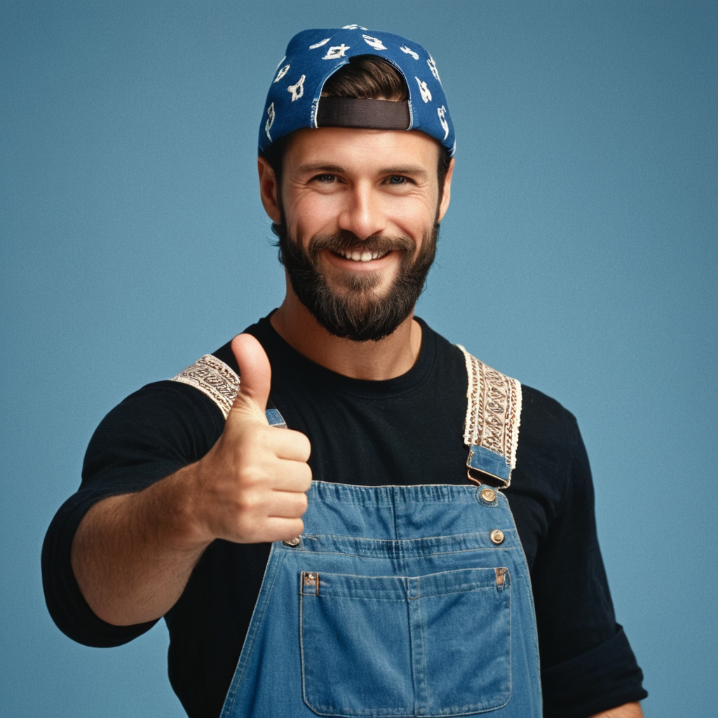 cinematic film still of  <lora:1990's style:1>
In the 1990's a wwf man with a beard and a bandanna giving a thumbs up,solo,looking at viewer,smile,blue eyes,simple background,black hair,1boy,hat,upper body,male focus,grin,muscular,facial hair,beard,realistic,mustache,brown headwear,overalls,thumbs up,chest hair,cowboy hat,arm hair,blue overalls , realistic,realism, detailed, perfection,perfect,filmic,retro,vintage,classic,different haircut,different look,different style,different people, 1990's style , 1990 style, shallow depth of field, vignette, highly detailed, high budget, bokeh, cinemascope, moody, epic, gorgeous, film grain, grainy