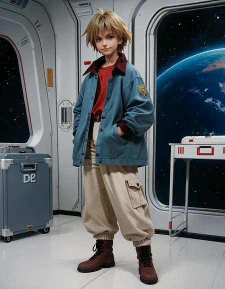 core_9, score_8_up, score_7_up, score_6_up, score_5_up, score_4_up, 1boy, solo, <lora:Outlaw_Star_-_Jim_Hawking:0.68> jim hawking, blonde hair, blue eyes, blue jacket, red shirt, beige pants, spiky hair, oversized jacket, ankle boots, 1990s \(style\), retro artstyle, (child:0.5), spaceship interior, full body, smirk, toolbox, space, looking at viewer, hand in pocket, realistic, sci-fi, score_9, score_8_up, score_7_up, score_6_up,
