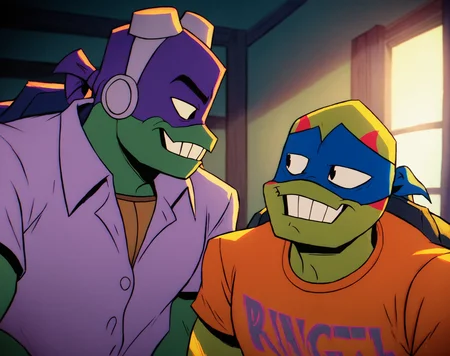 score_9, score_8_up, score_7_up, smooth lines, countershading, soft shading, 2d, extreme detail, 4K, high definition, high resolution, <lora:rottmnt8:0.8>, 2boys, Donnie, Leo, green skin, turtle, mask, shirt, confident, grin, looking at another, upper body, indoors,