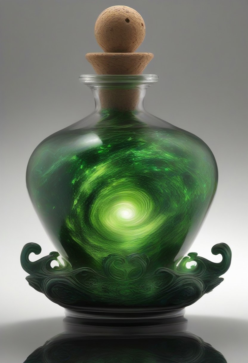 Score_9, Score_8, Photorealistic magic potion, intricate glass bottle, vibrant swirling green colors, ethereal light, wax seal, cork, dynamic reflections, magical aura, highly detailed, fantasy essence, glowing particles, radiant aura