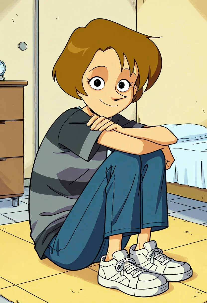 score_9,score_8_up,score_7_up, 1girl, solo, Alice_TADL_IL, fair skin, pointy nose, brown hair, short hair, black eyes, grey and black shirt stripe, blue jean pants, white sneakers, looking at viewer, indoors, room background, (portrait) smile, tall