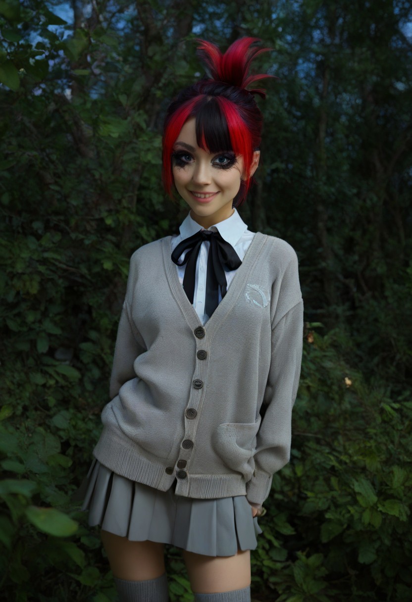 score_9, score_8_up, score_7_up, score_6_up, (realistic), (((solo))), female,
BREAK, 18yo woman, two-toned hair, red hair, black hair, triangle-shaped face, big eyes, almond-shape eyes, black makeup, small tits, small hips, skinny, skinnycute, folded ponytail, nasty smile,
BREAK, grey skirt, grey cardigan, grey knee highs, black neck ribbon,
BREAK, forest trail,