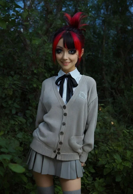 score_9, score_8_up, score_7_up, score_6_up, (realistic), (((solo))), female,
BREAK, 18yo woman, two-toned hair, red hair, black hair, triangle-shaped face, big eyes, almond-shape eyes, black makeup, small tits, small hips, skinny, skinnycute, folded ponytail, nasty smile,
BREAK, grey skirt, grey cardigan, grey knee highs, black neck ribbon,
BREAK, forest trail,