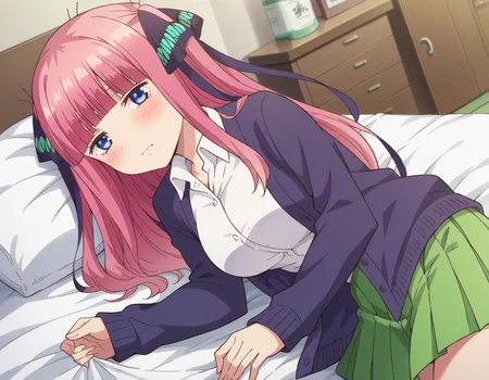 score_9, score_8_up, score_7_up, source_anime,
ninonakano, <lora:nino-nakano-s1-ponyxl-lora-nochekaiser:1>,
nino nakano, long hair, bangs, blue eyes, hair ornament, hair ribbon, pink hair, blunt bangs, two side up, butterfly hair ornament, mature female,
skirt, shirt, long sleeves, white shirt, pleated skirt, open clothes, collared shirt, sleeves past wrists, dress shirt, cardigan, green skirt, open cardigan, black cardigan,
indoors, bed, bed room, on side, blush, drunk,
looking at viewer, cowboy shot, dutch angle, solo,