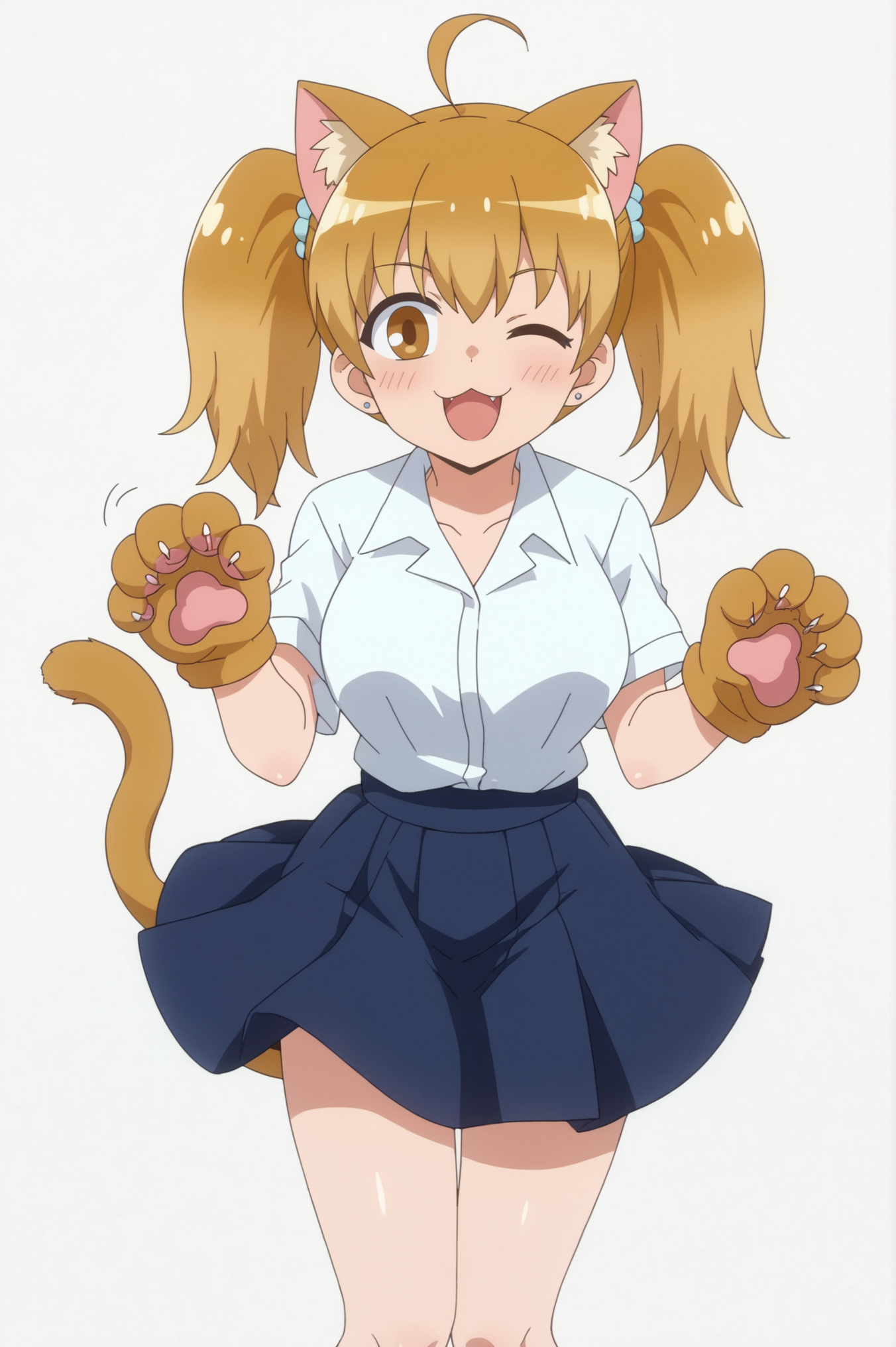 <lora:Yoshi:0.7>,  Yoshi, 1girl, one eye closed, solo, animal ears, skirt, tail, white background, cat ears, cat tail, paw gloves <lora:sdxl_lightning_4step_lora:1>