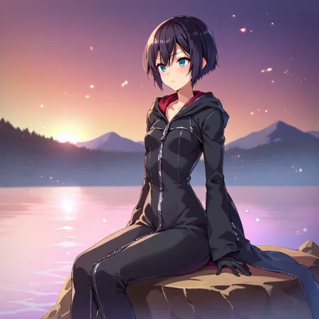 score_9, score_8_up, 1girl, xion, solo, outdoors, on a lake, flat chest, small breasts, sitting, floating lanterns in the sky, xion watching the floating lanterns, night, short hair, black hair, black coat, wide hips, narrow waist, closed coat, zipper, black pants, black gloves <lora:XionSDXL:1> <lora:BlushySDXL:1>, takeda hiromitsu style