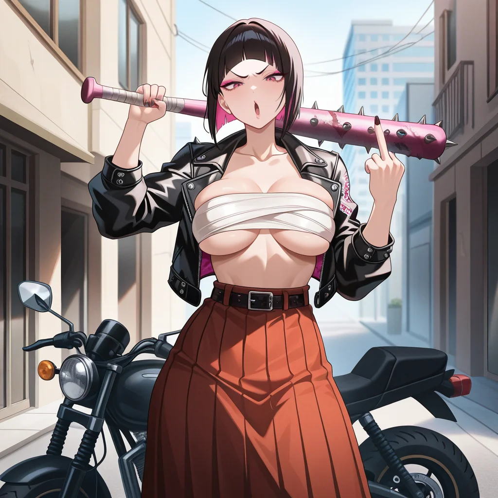 1girl, solo, cowboy shot, urban, alleyway, daytime,juri han, <lora:Sukeban-IL:0.7>Suk3ban,delinquent, long skirt, wrapped breasts, motorcycle jacket, spiked bat, rude gesture, middle finger,, masterpiece, best quality, good quality, newest
