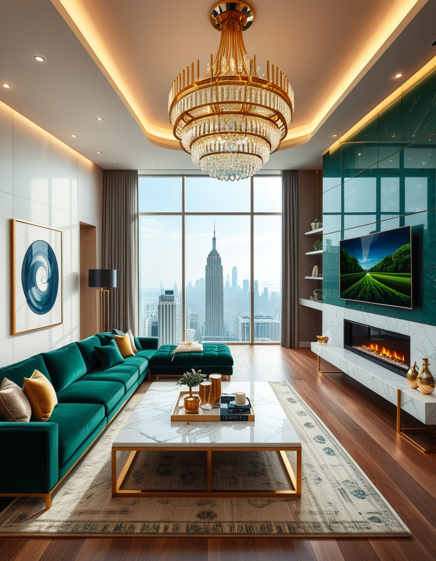 A lavish and modern luxury living room with a spacious open layout. The room features a grand chandelier with crystal details hanging from a high ceiling. Plush velvet sofas in deep emerald green and navy blue are arranged around a sleek marble coffee table with gold accents. The floor-to-ceiling windows allow natural light to flood the space, revealing a breathtaking city skyline in the background. A contemporary fireplace with a sculptural design adds warmth, while elegant artwork and designer decor pieces complete the sophisticated ambiance. The lighting is soft and ambient, creating a cozy yet opulent atmosphere.
<lora:SDXLFaeTastic2400:0.4> <lora:extremely_detailed:0.4> extremely detailed,  <lora:luxurious_l1v1ng_r00m:1>,luxurious l1v1ng r00m, Masterpiece,best quality,hi res,8k,hi res,8k,award winning,(sharp focus, intricate, highly detailed),