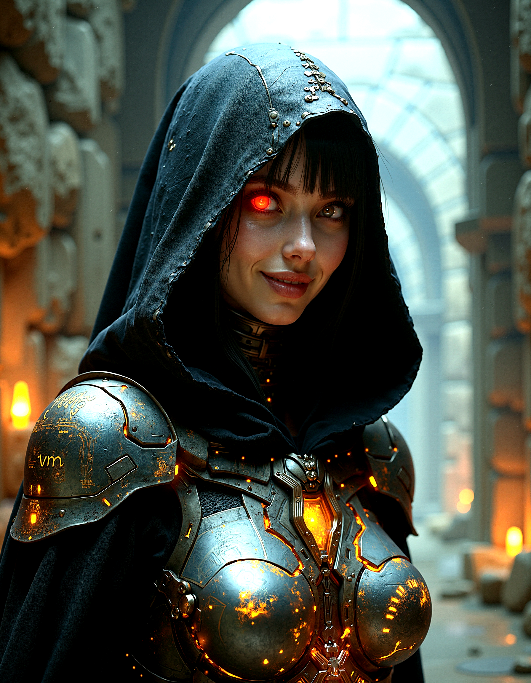A digital masterpiece featuring a cybernetic mystic with a half robotic, half human female face, smiling with a single glowing red eye. She in an ancient corridor, wearing a hooded cloak adorned with golden circuitry patterns. Her armor blends metal with glowing runes, embodying the fusion of magic and technology. The scene is rendered with perfect illumination, high contrast, and intricate detail, balancing fantastical elements with realistic textures for extreme realism.Small, glowing crystal formations growing out of the stone walls, adding a magical touch.
The character’s eyes are half-closed, with a slow, seductive smile forming on their lips. The head is slightly tilted to one side.










