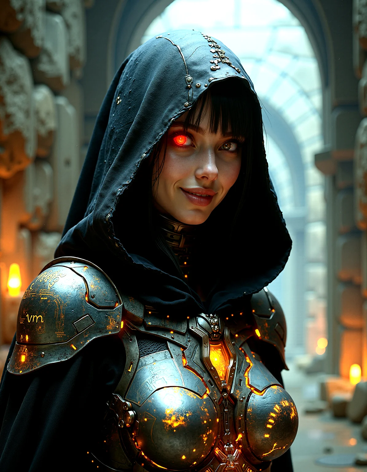 A digital masterpiece featuring a cybernetic mystic with a half robotic, half human female face, smiling with a single glowing red eye. She in an ancient corridor, wearing a hooded cloak adorned with golden circuitry patterns. Her armor blends metal with glowing runes, embodying the fusion of magic and technology. The scene is rendered with perfect illumination, high contrast, and intricate detail, balancing fantastical elements with realistic textures for extreme realism.Small, glowing crystal formations growing out of the stone walls, adding a magical touch.
The character’s eyes are half-closed, with a slow, seductive smile forming on their lips. The head is slightly tilted to one side.