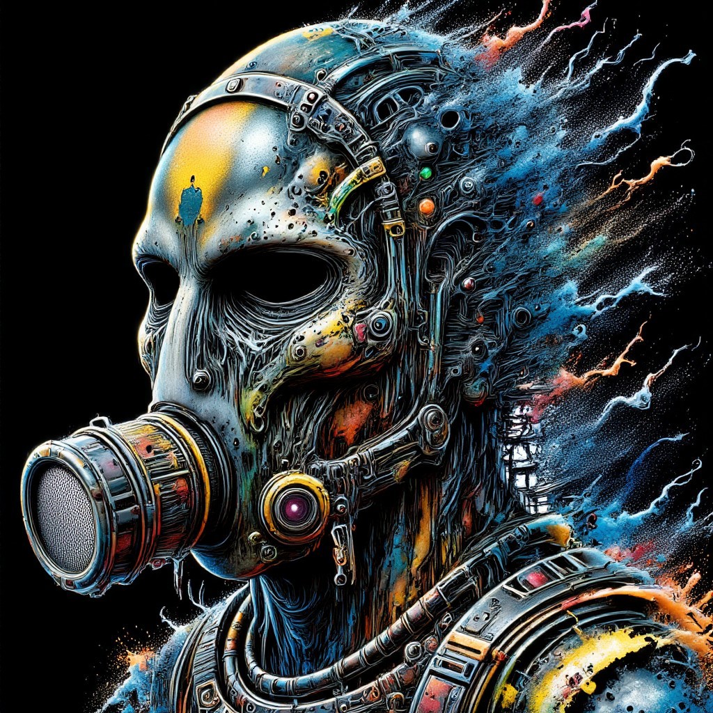 Zombie soldier wearing a biohazard gas mask, black and gold filigree, navy and gold vapor swirls, details in details
