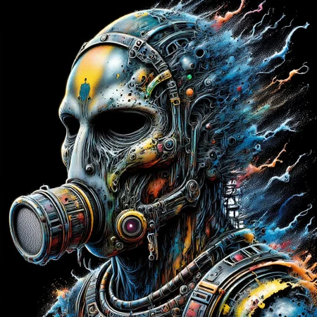 Zombie soldier wearing a biohazard gas mask, black and gold filigree, navy and gold vapor swirls, details in details