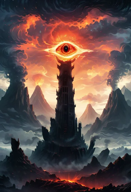((masterpiece, best quality)), high resolution, highly detailed, 32k picture, realistic, professional photo,    
cinematic, movie poster, flat colors, warm colors, SauronsTower, eye focus, big eye, cloud, cloudy sky, mountain range, volcano,